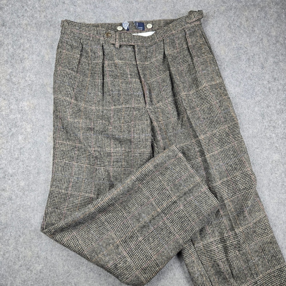 Vintage Polo Ralph Lauren Pants Mens 34x30 Brown Houndstooth Plaid Wool Pleated
